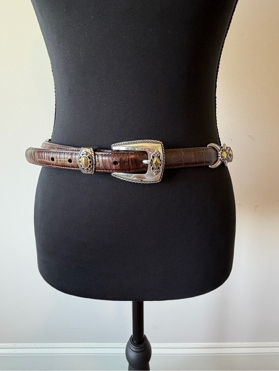 Brighton Accessories - Brighton Belt #40388 Brown Leather Silver Gold Buckle Croc Embossed